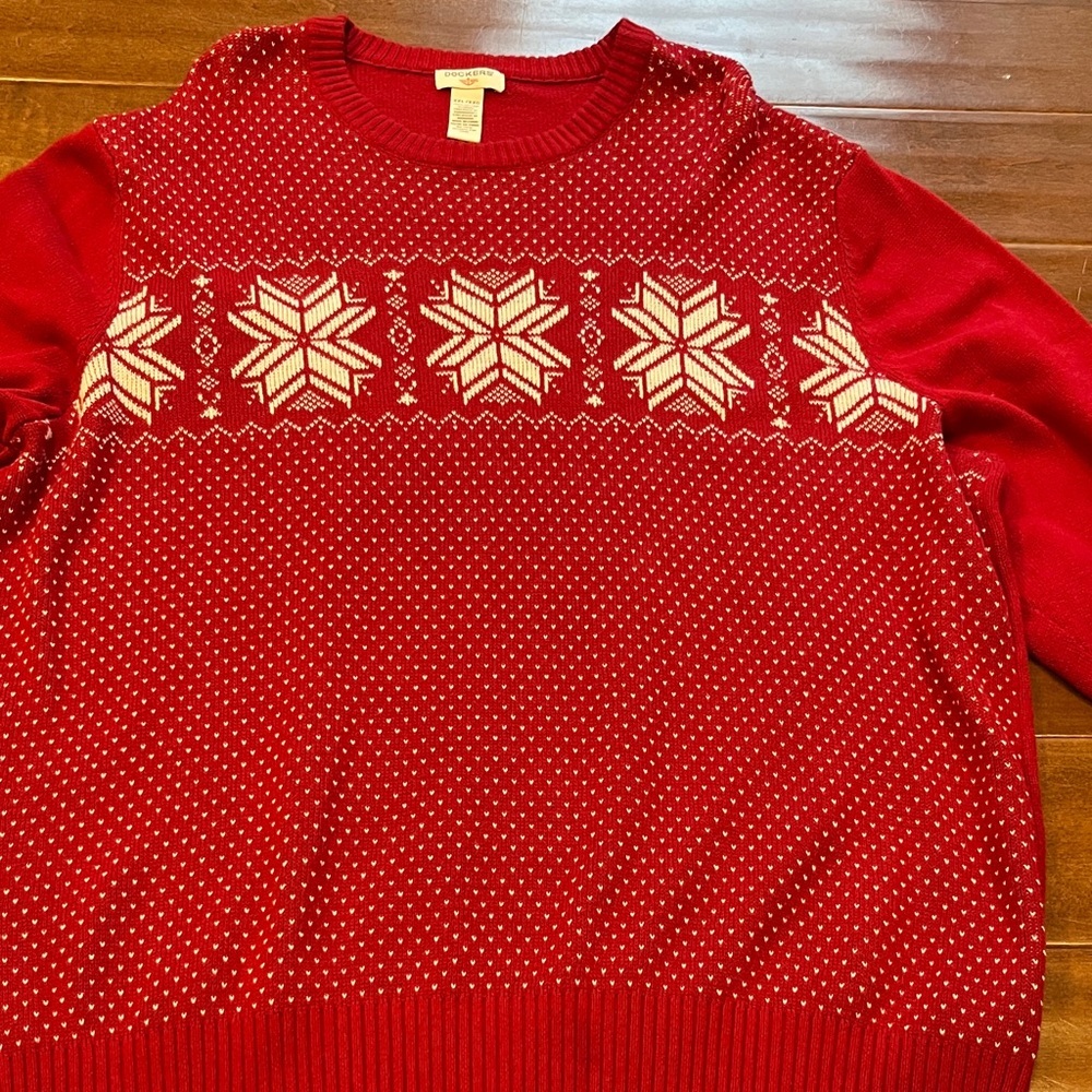 Dockers Red and White Snowflake Crewneck Sweater